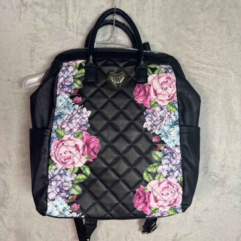 Betsey Johnson Black Quilted Floral Heart Backpack Satchel Bag